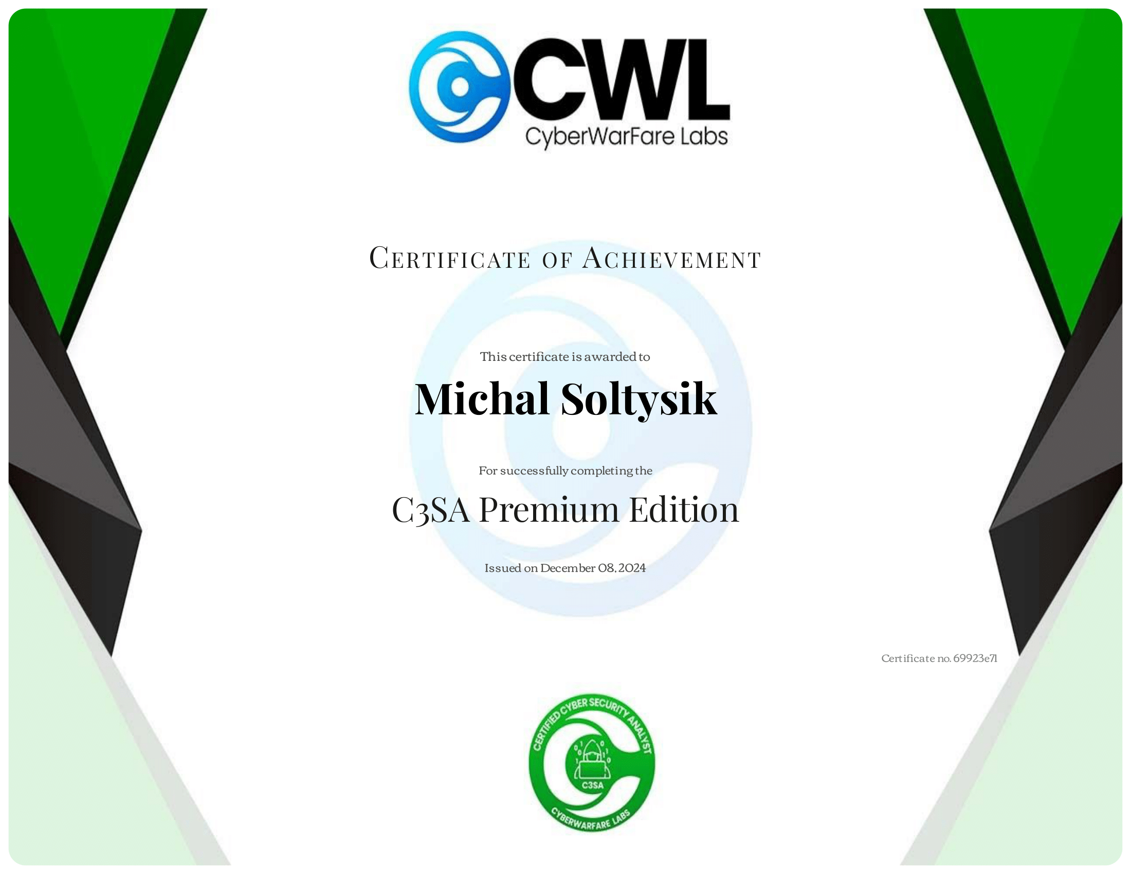 Michal Soltysik - C3SA - Certified Cyber Security Analyst (Premium Edition).png