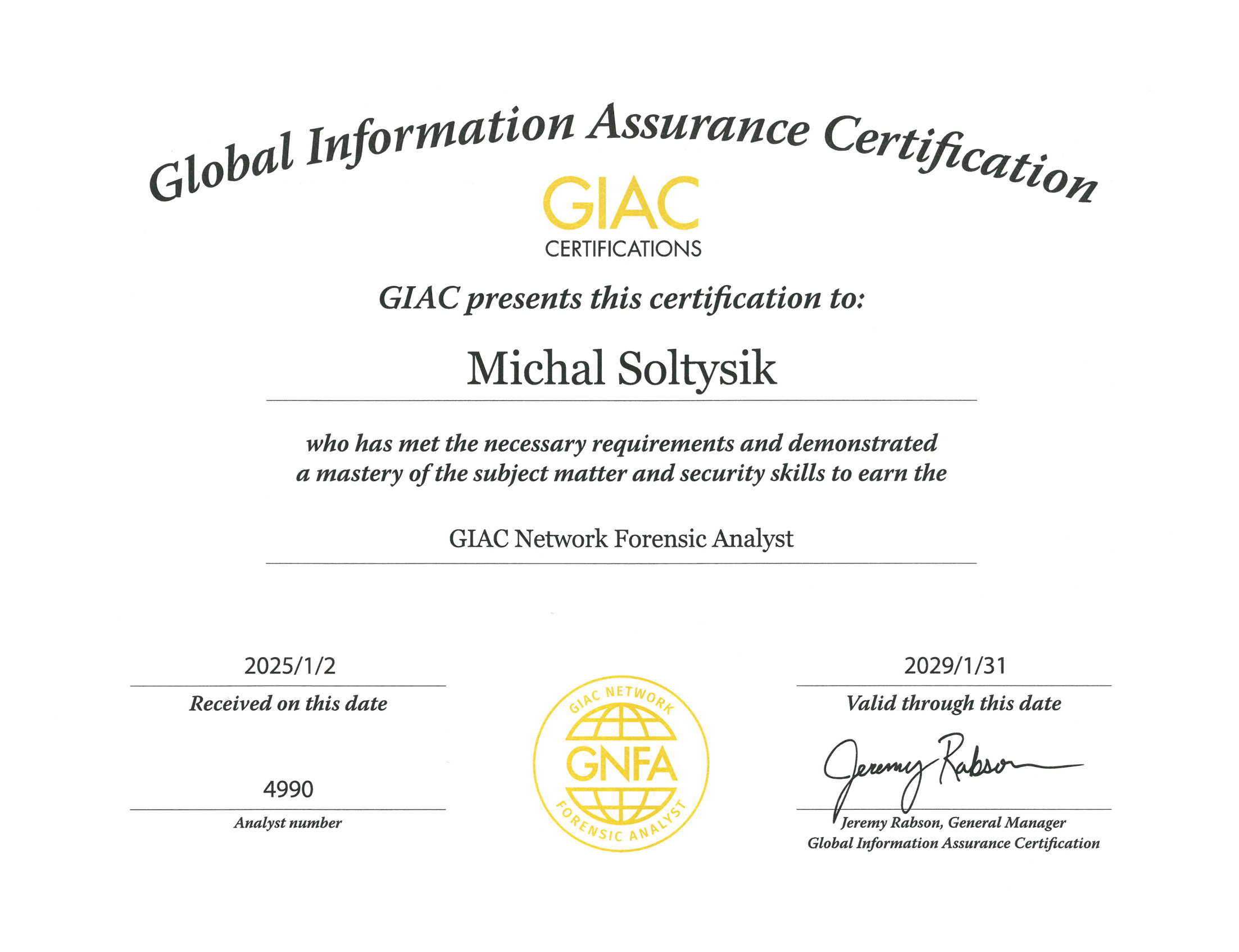 Michal Soltysik - GNFA - GIAC Network Forensic Analyst.png