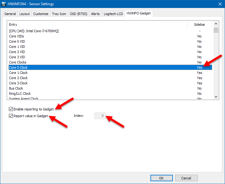 HWiNFO Sensor Settings Gadget Tab