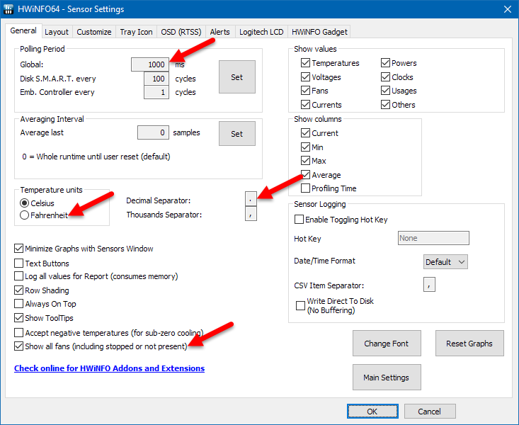 HWiNFO Sensor Settings General Tab