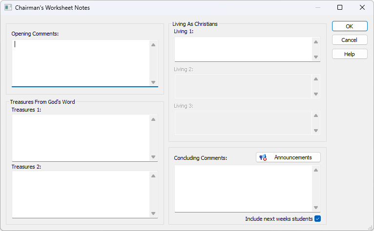 Chairman's Worksheet Notes Window