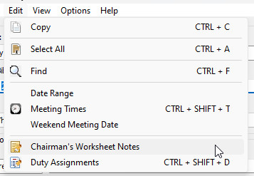 Menu - Chairman Worksheet Notes