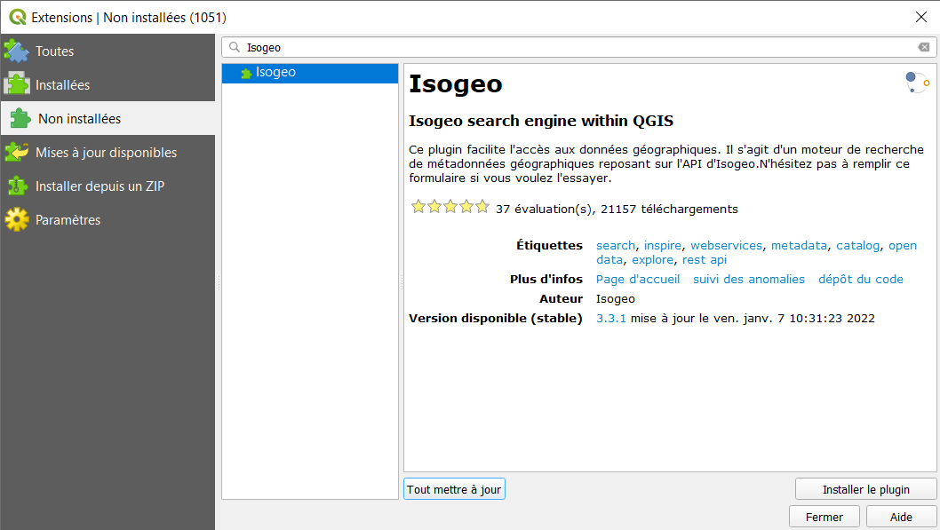 "Première installation du plugin QGIS Isogeo"