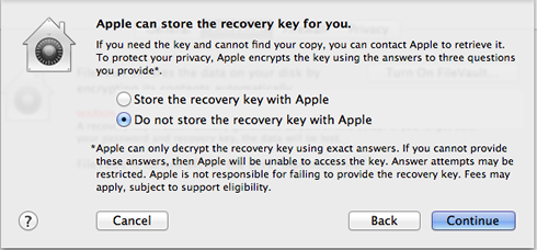 filevault - choose to not store the recovery key with Apple